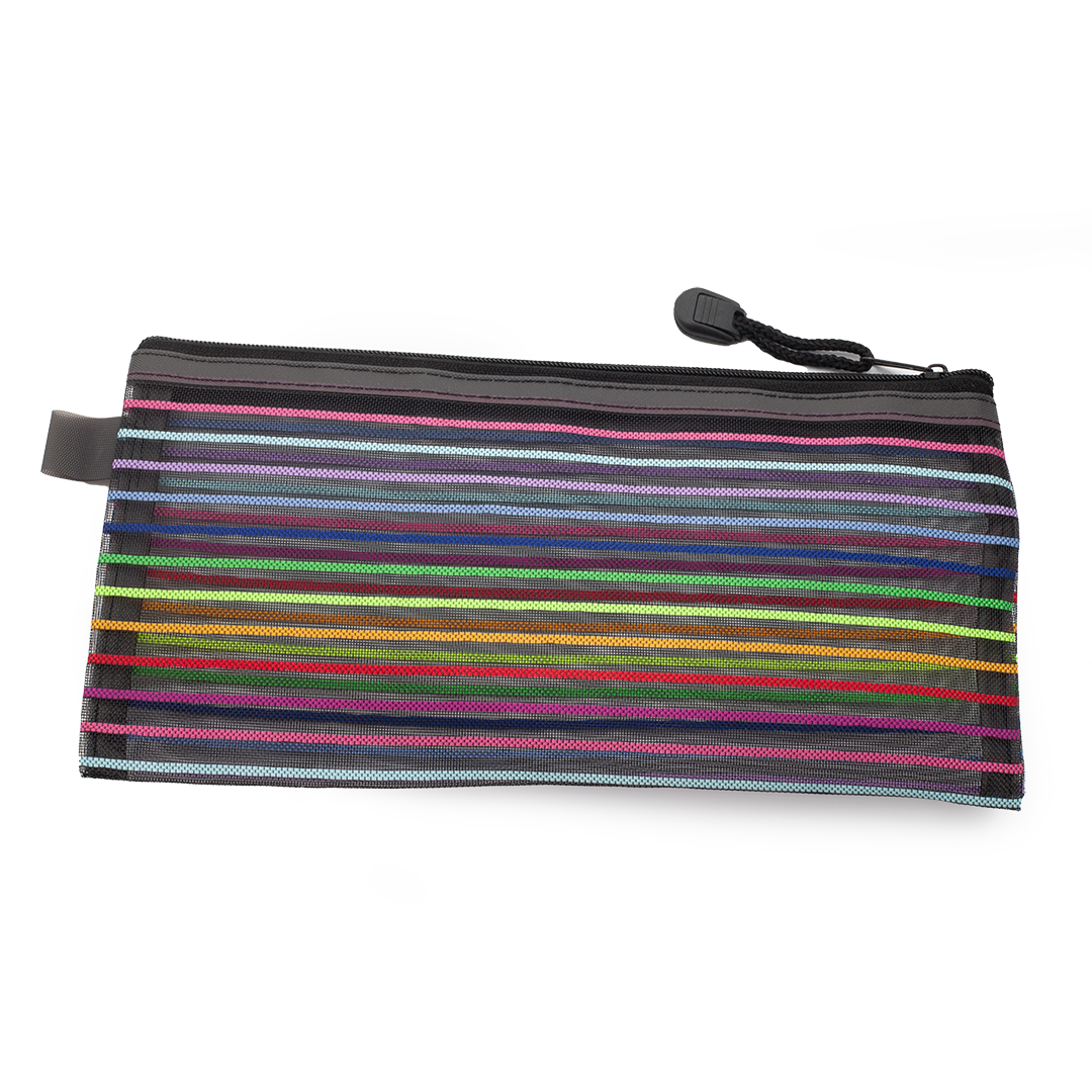 Image shows a black striped pencil bag