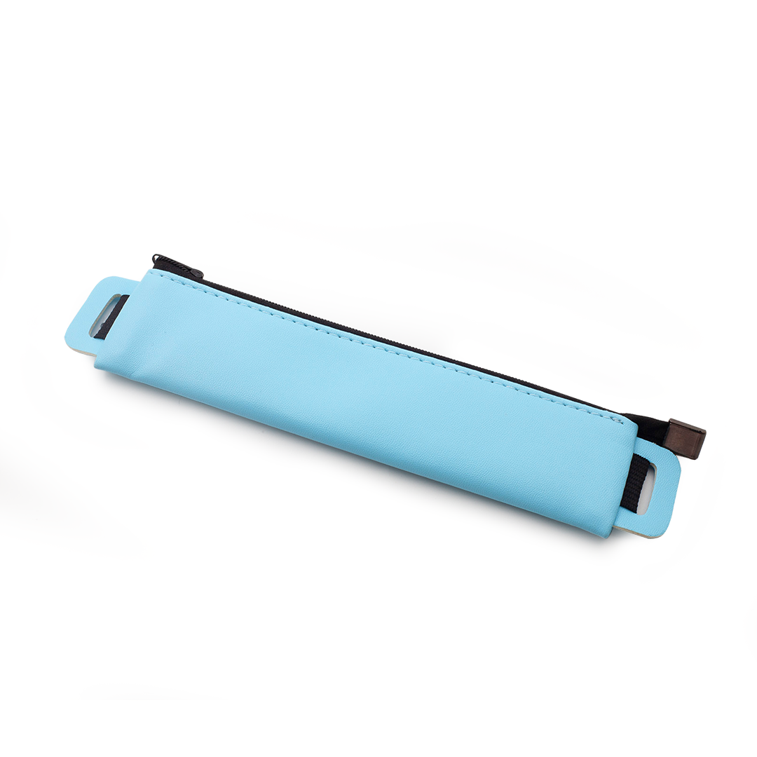 Image shows a light blue pencil pouch