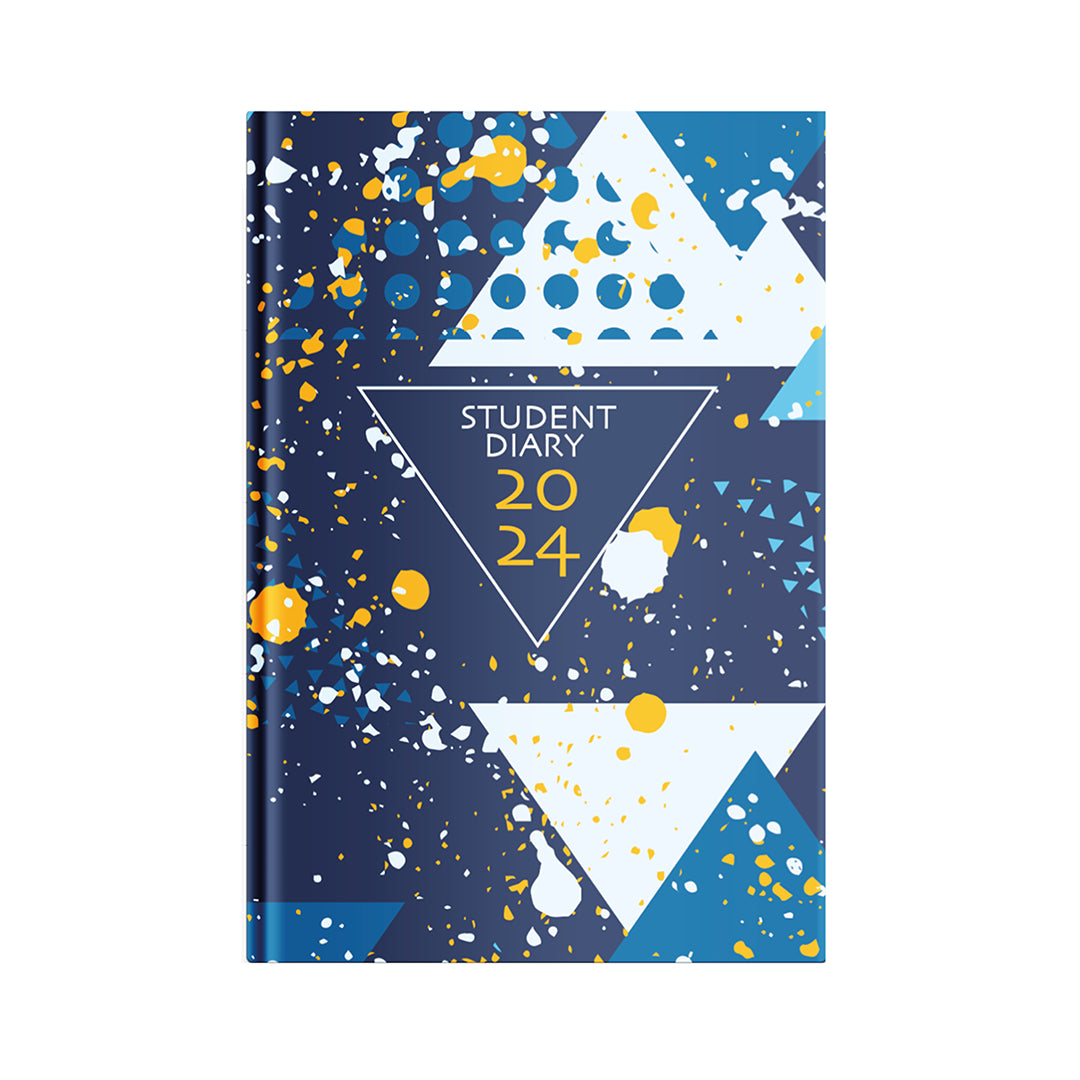 Image shows a diary with a blue triangles design