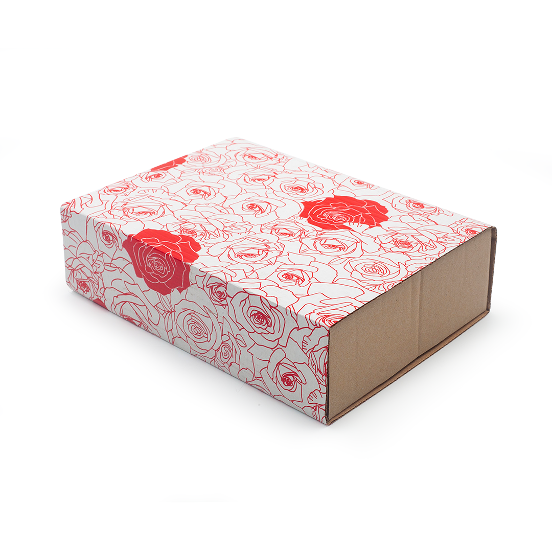 Image shows a white gift box with red printed roses