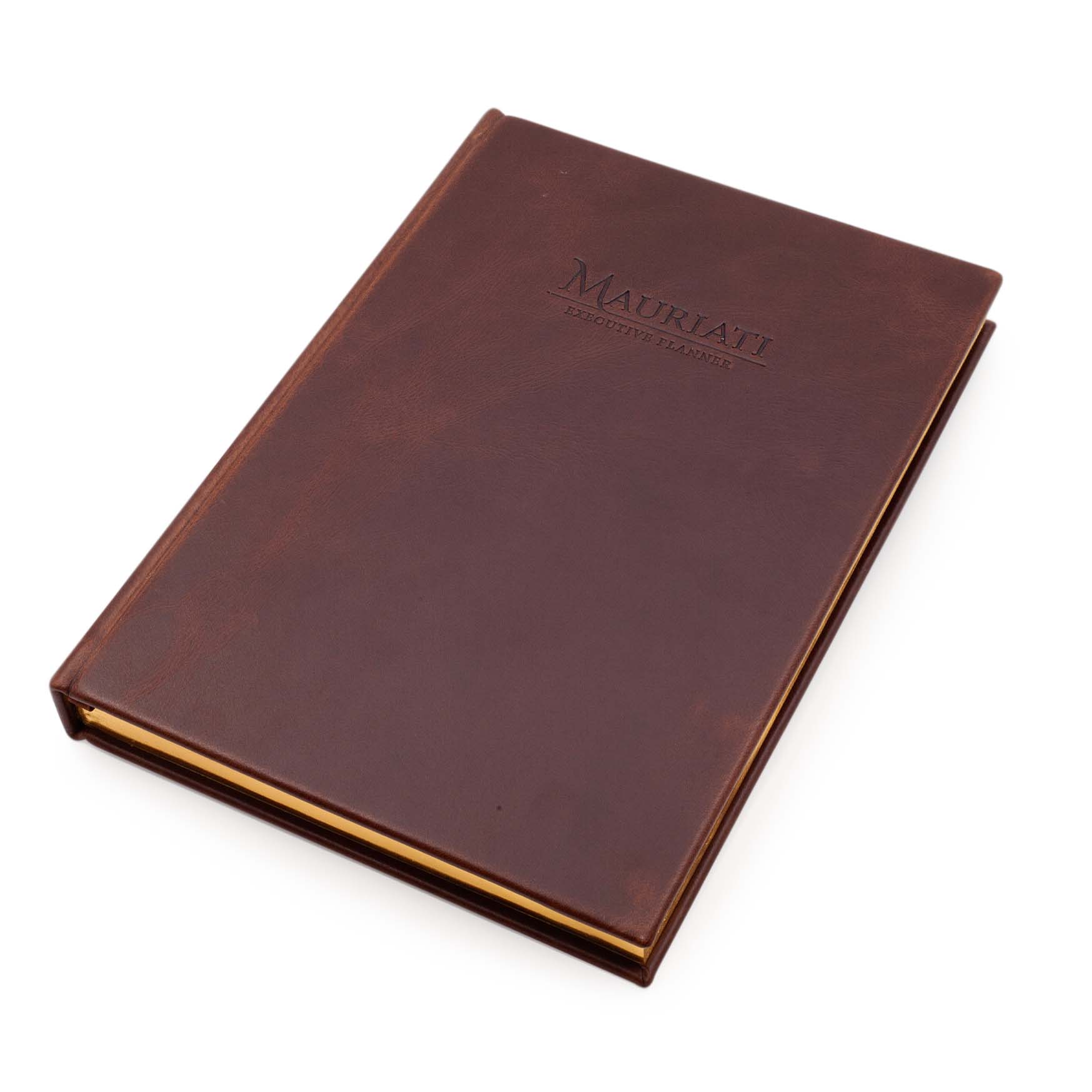 Image shows a top, front view of a Rustik Brown leather Mauriati Planner