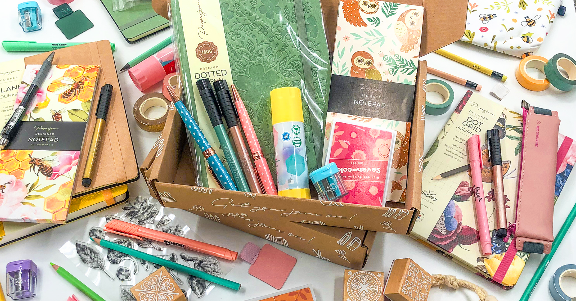 Image shows a build your own stationery box with different stationery & journals 
