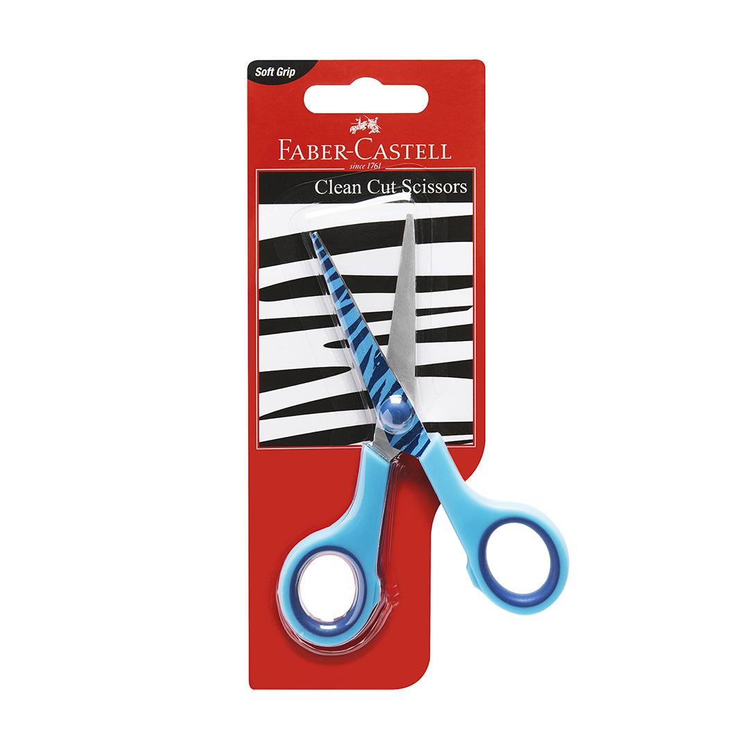 Image shows a blue Faber-Castell scissors