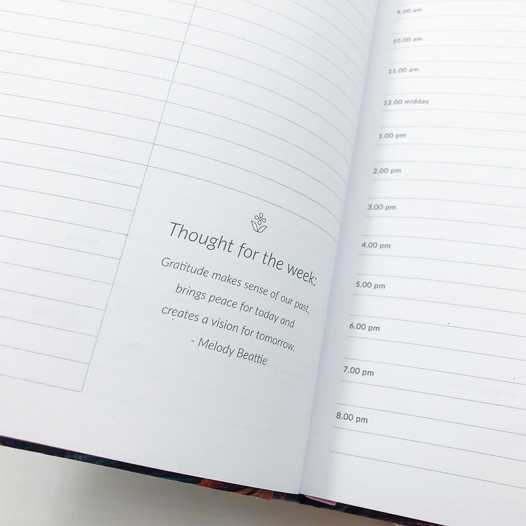 Image shows a close up of the Monday motivation page in the MOM/WOW diary