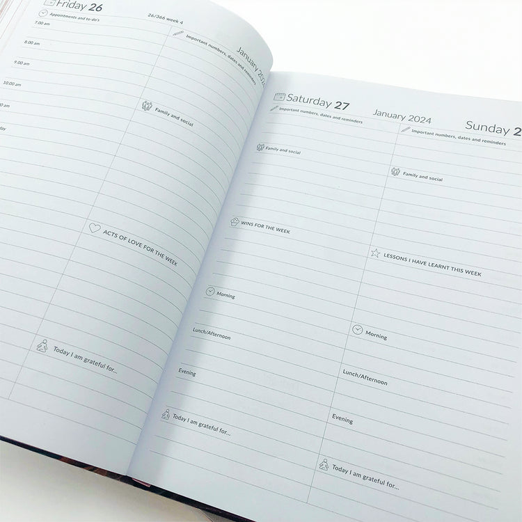 Image shows a daily page spread in the MOM/WOW diary