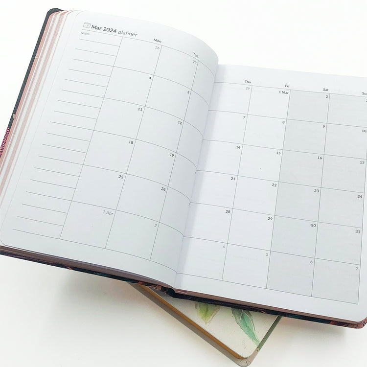 Image shows a monthly planner spread in the MOM/WOW diary