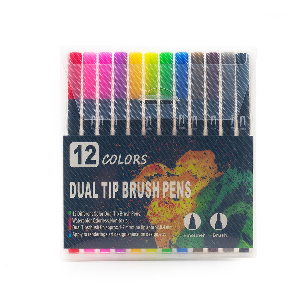 Image shows a set of dual tip brush pens