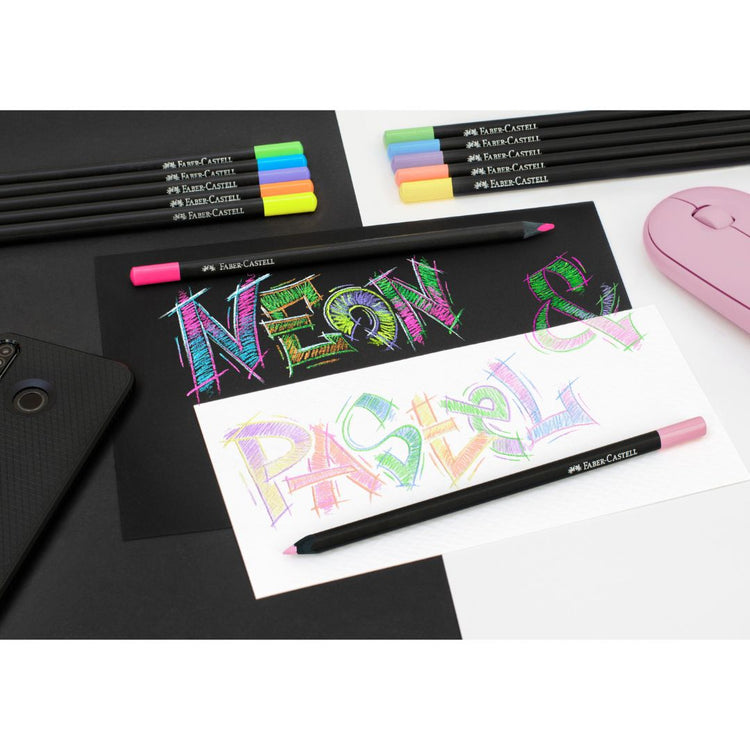 Image shows a set of pastel and neon Faber-Castell colour pencils