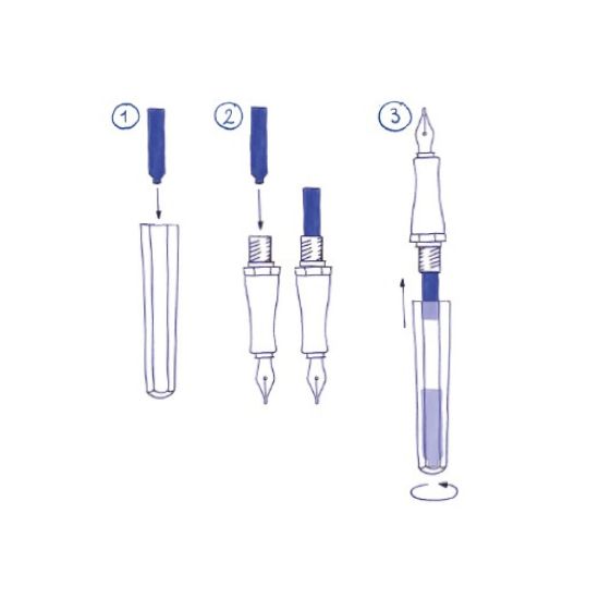 Image shows steps on how to insert an ink cartridge in a fountain pen