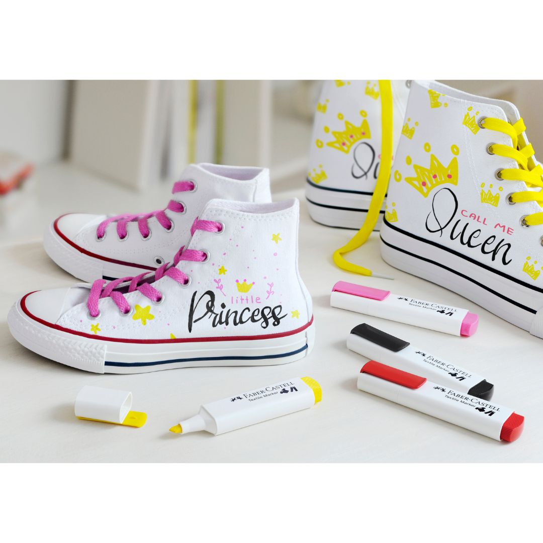 Image shows Faber-Castell textile markers used for sneakers