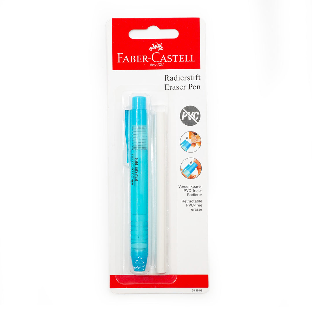 Image shows a blue Faber-Castell eraser pen