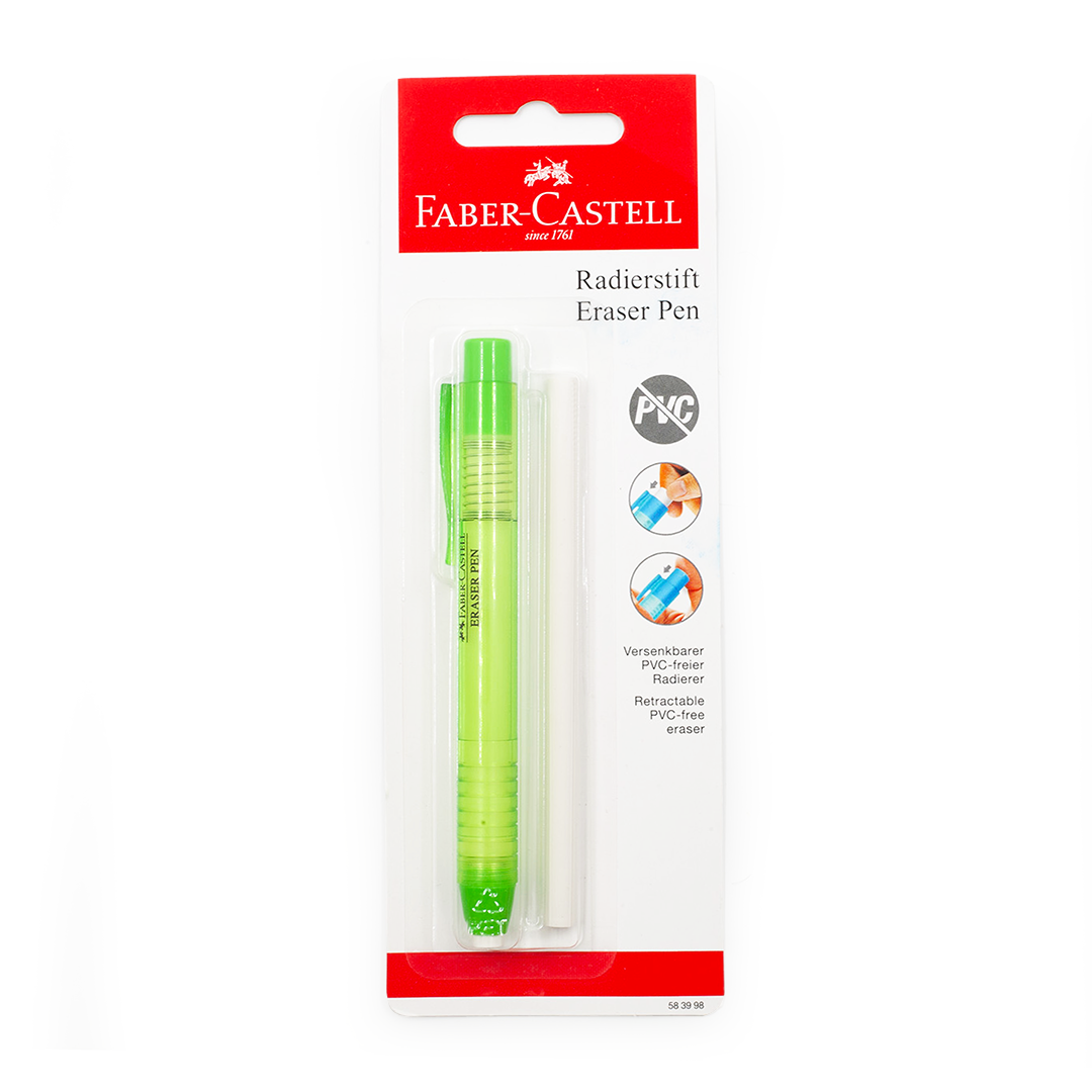 Image shows a green Faber-Castell eraser pen