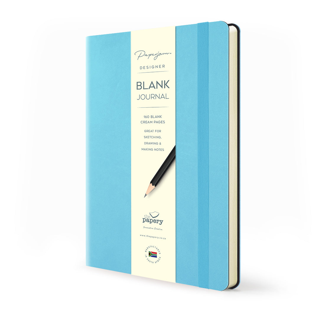 Image shows a blue flexi blank journal