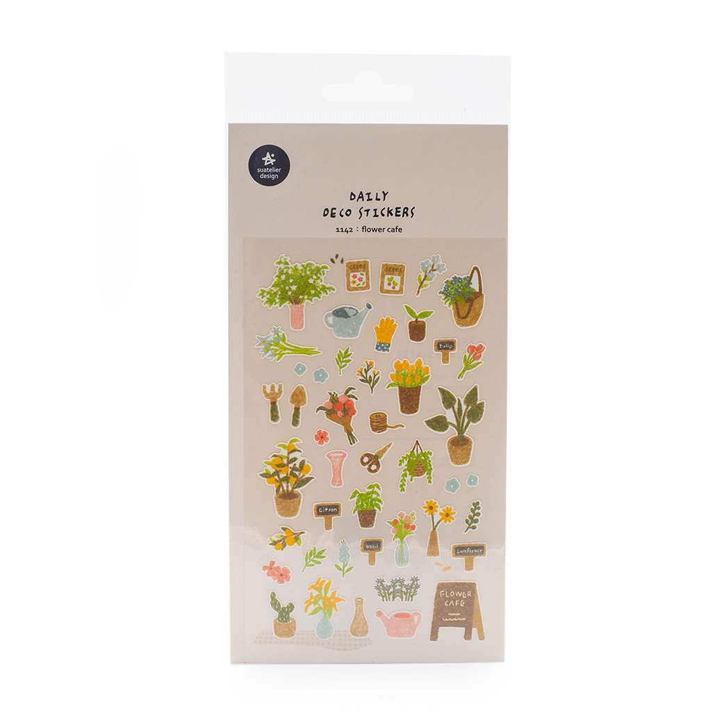 Image shows a sticker pack with a floral & cafe theme