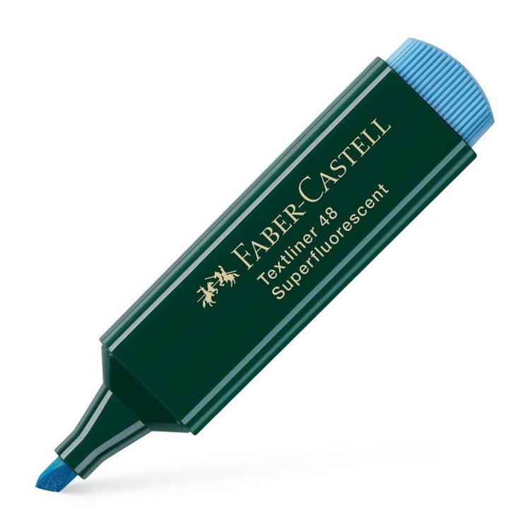 Image shows a blue fluorescent Faber-Castell highlighter