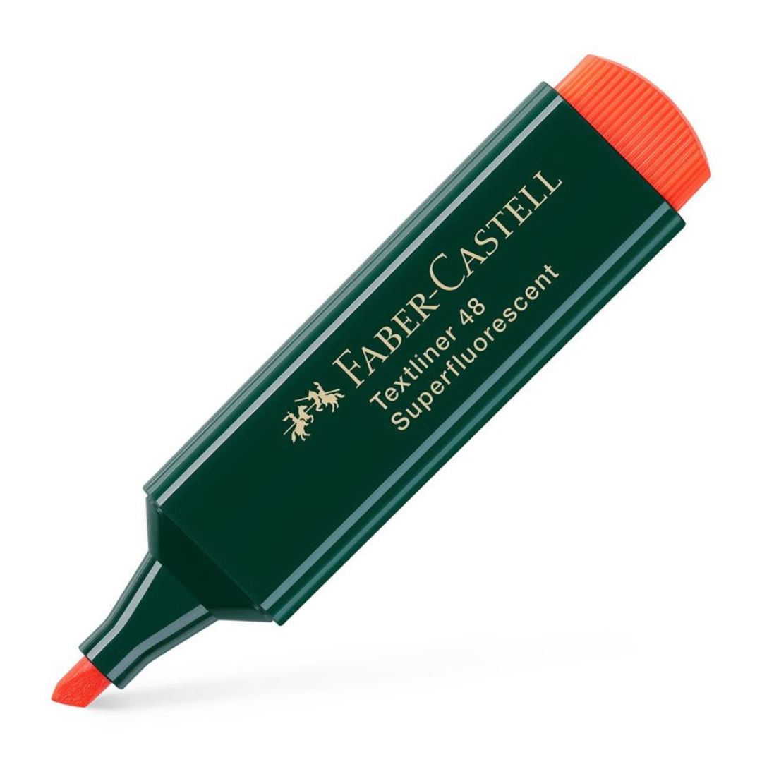 Image shows an orange fluorescent Faber-Castell highlighter