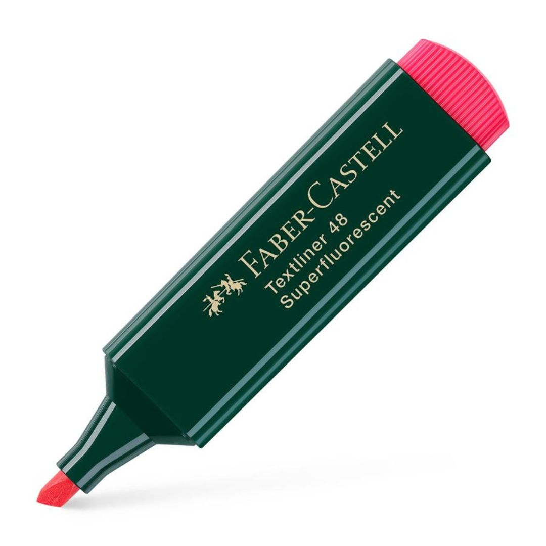 Image shows a red fluorescent Faber-Castell highlighter