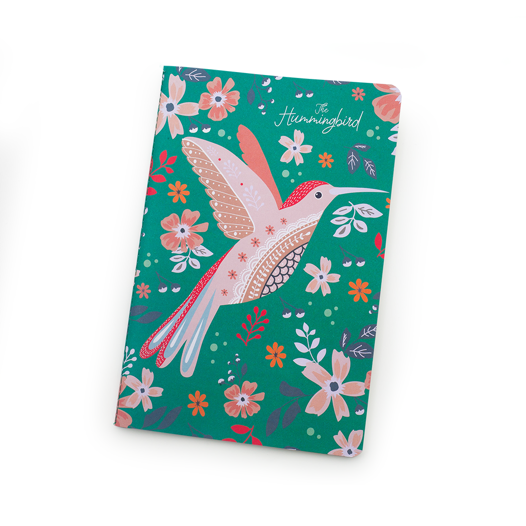 Image shows a green hummingbird notebook
