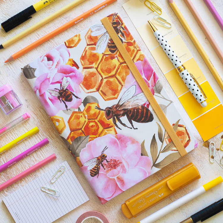 Image shows a Insects bees hardcover journal with stationery
