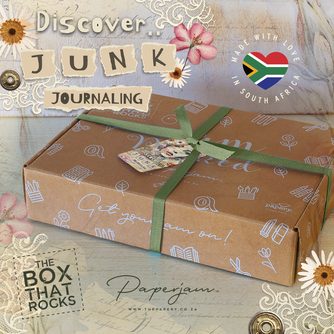 Image shows a Junk journaling themed stationery box