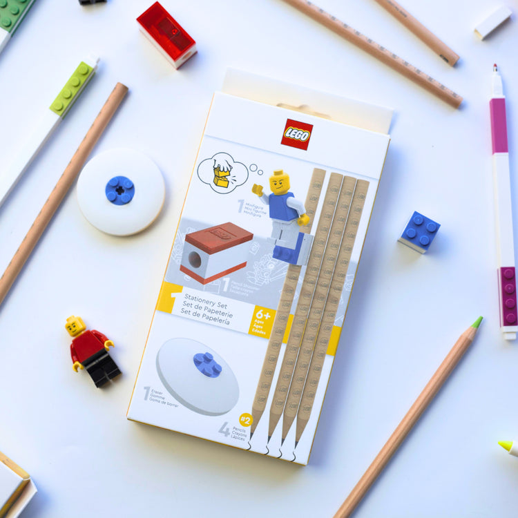 LEGO stationery set packaging with pencils and erasers on a white background
