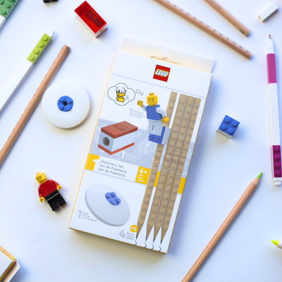 LEGO stationery set packaging with pencils and erasers on a white background