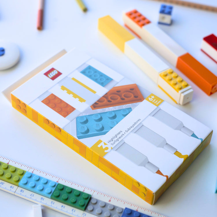 LEGO-themed stationery set with packaging on a white surface