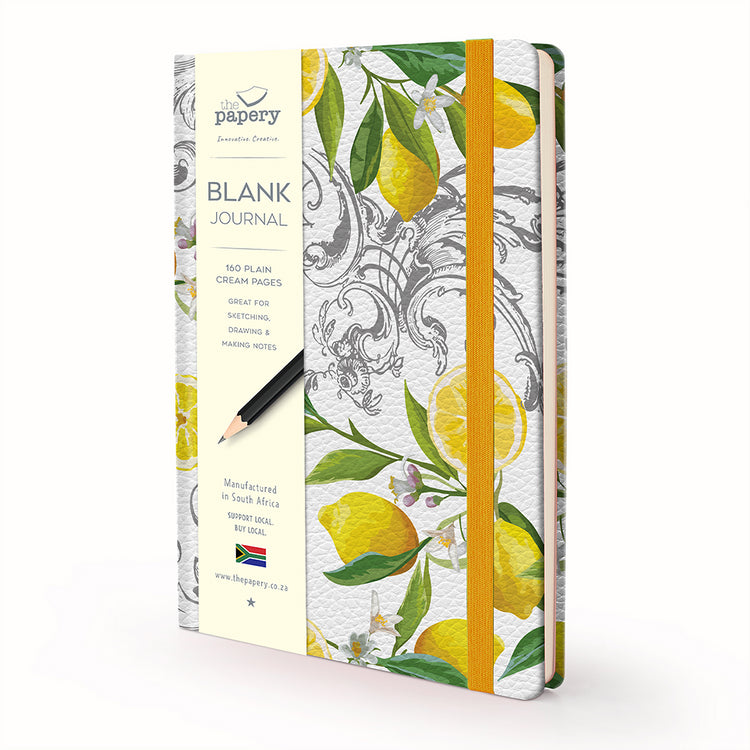 Image shows a floral lemon blank journal