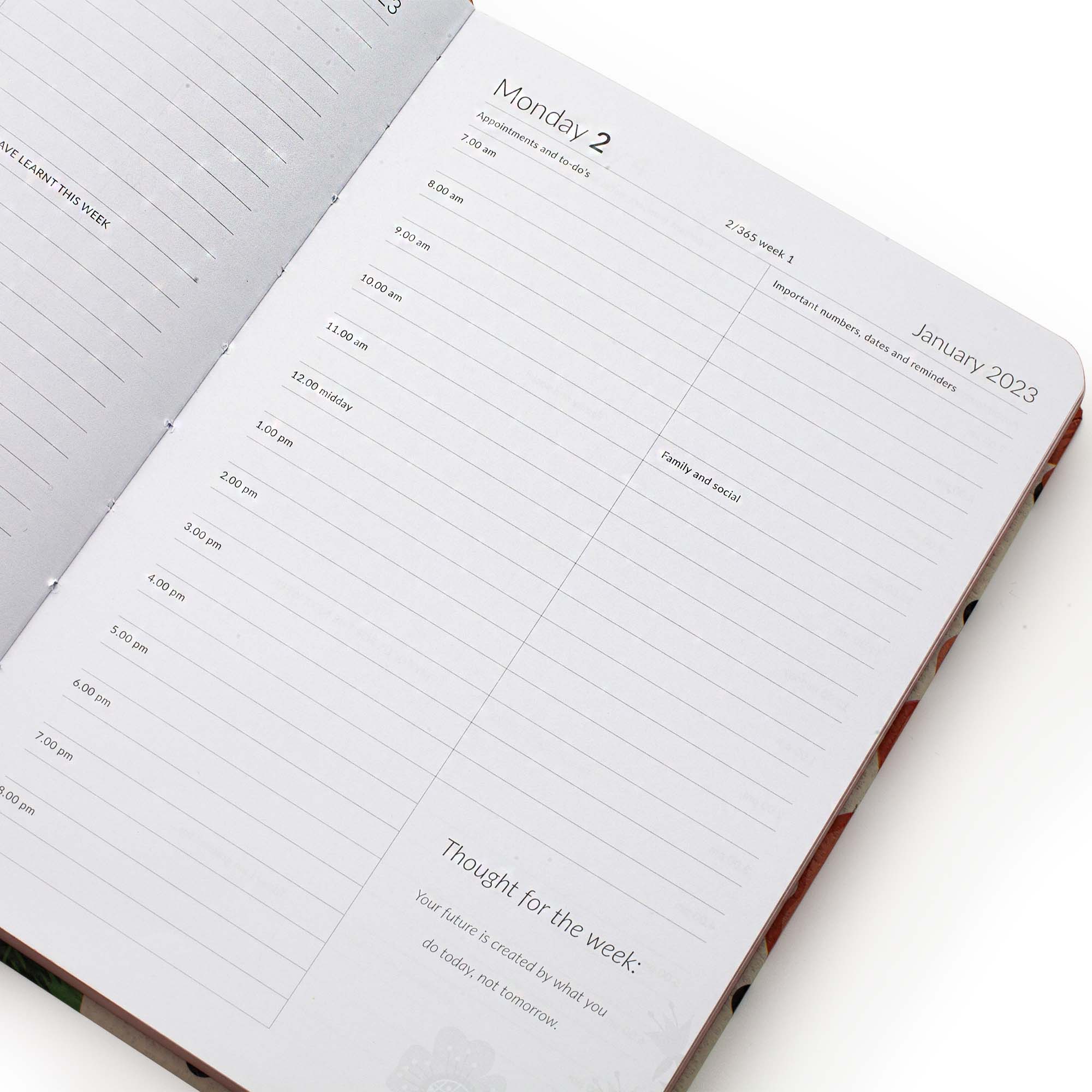 Image shows a Monday page of the MOM/WOW 2023 diary