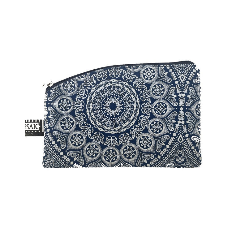 Image shows a blue pencil bag with a mandala design