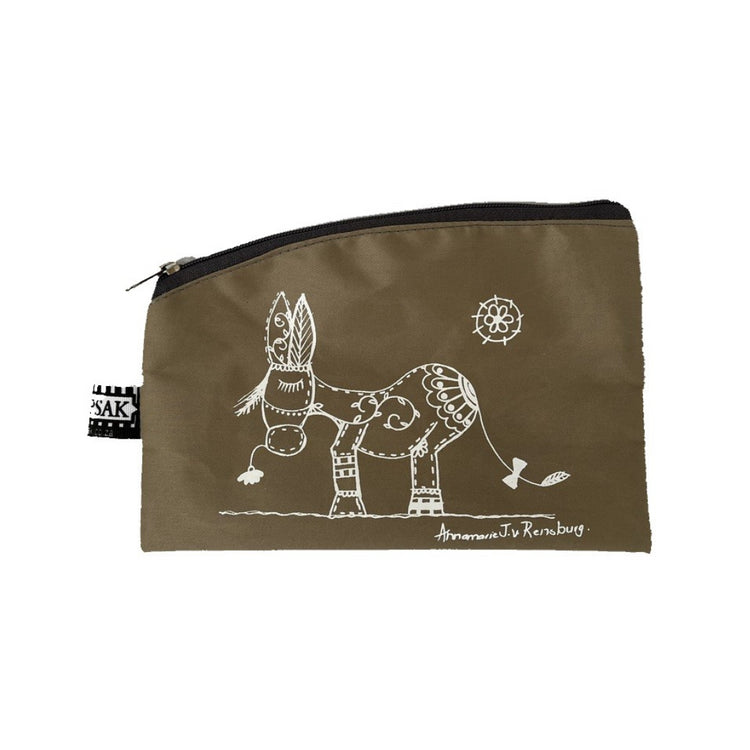 Image shows a brown pencil bag with a donkey character