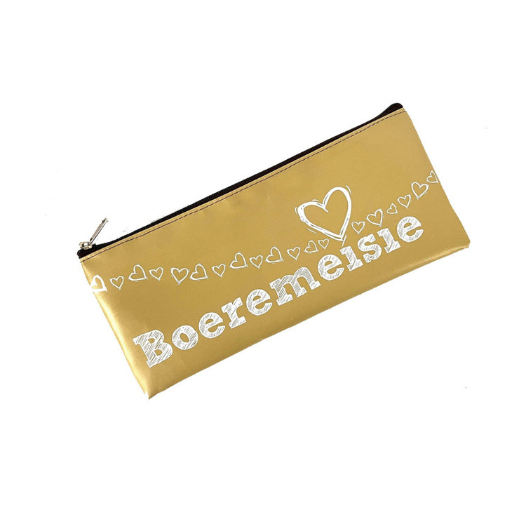 Image shows a gold colour pencil bag with words 'boeremeisie'
