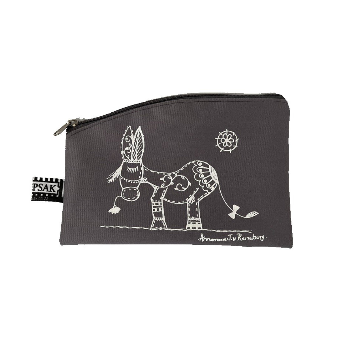 Image shows a grey pencil bag with a donkey character