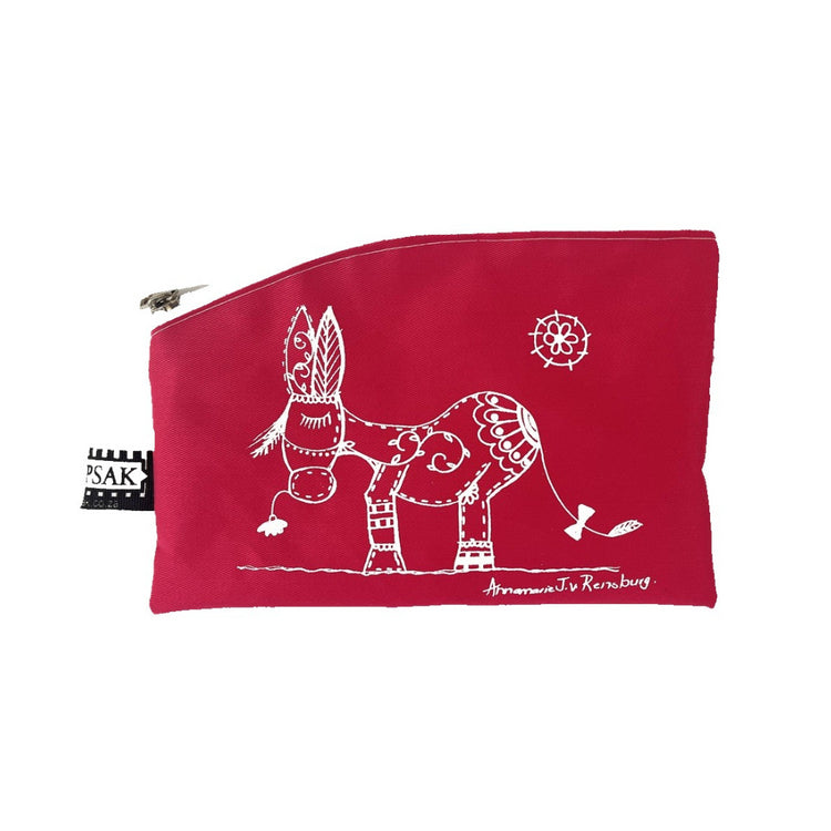 Image shows a pink pencil bag with a donkey character