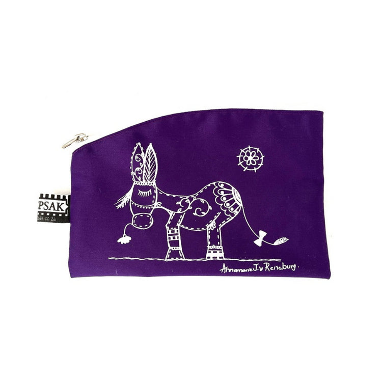 Image shows a purple pencil bag with a donkey character
