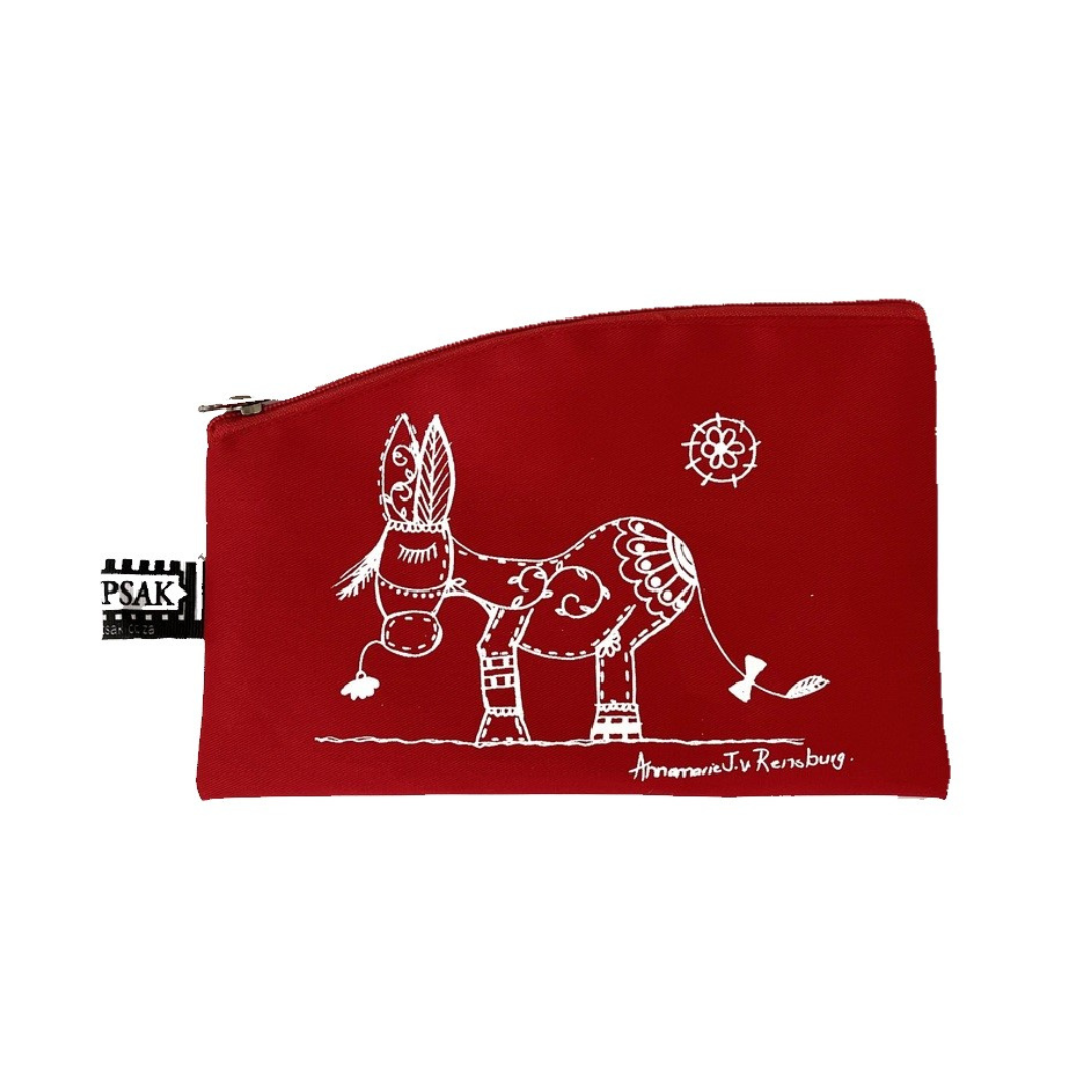 Image shows a red pencil bag with a donkey character