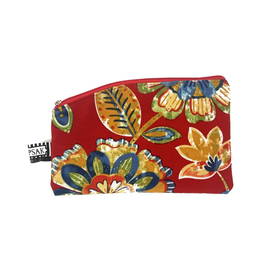Image shows a red floral pencil bag 