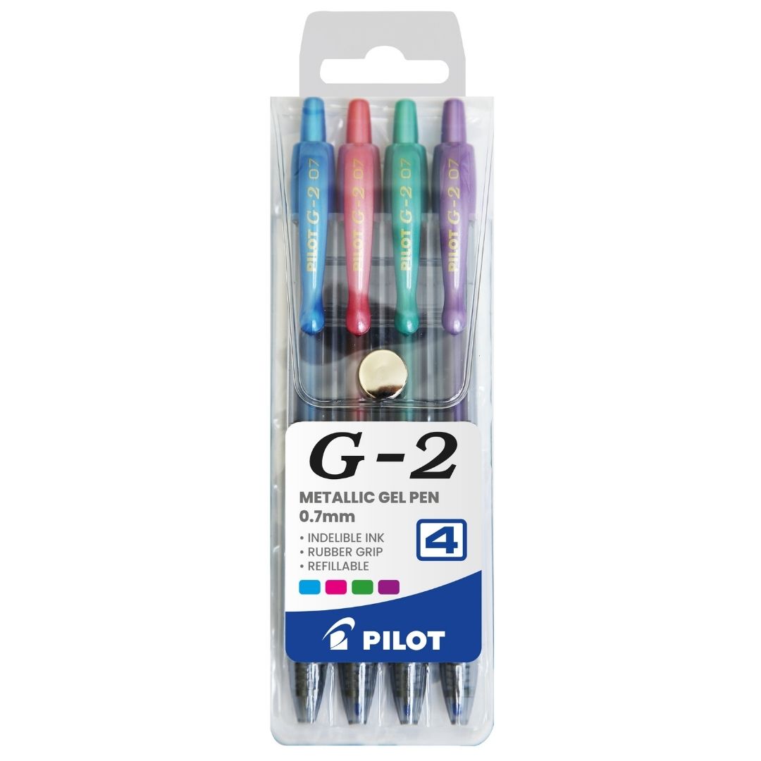 Image shows a set of metallic Pilot gel pens