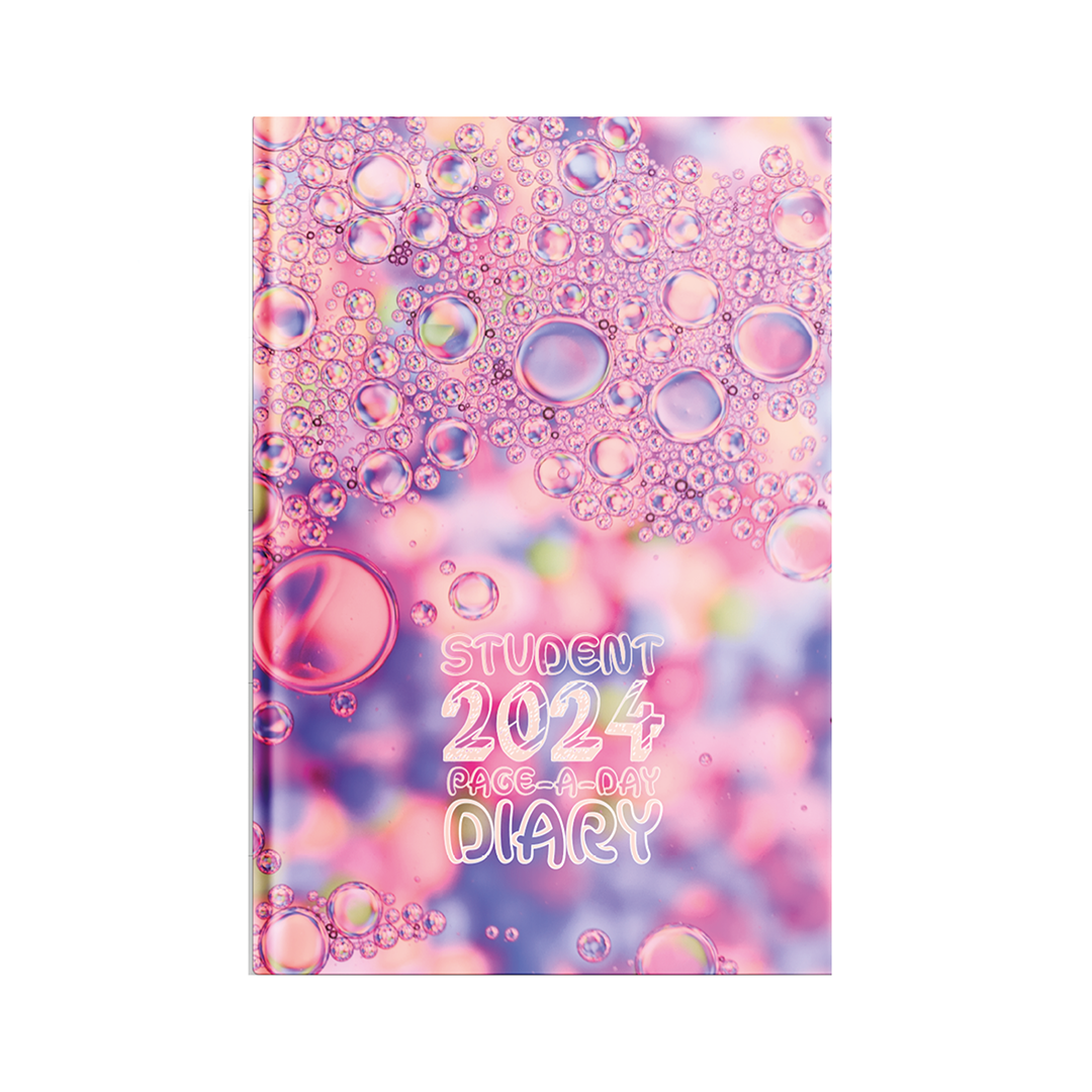 Image shows a diary with a pink bubbles design