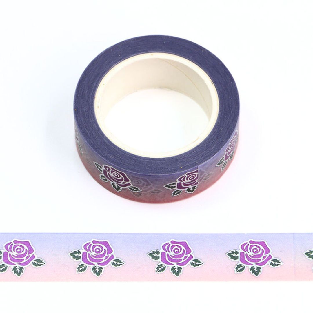 Roll of decorative tape with purple rose pattern on a white background