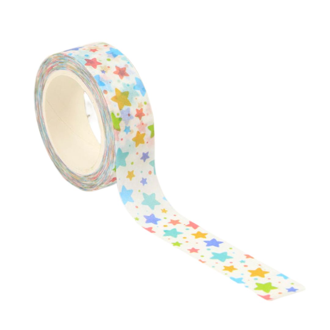 Decorative washi tape with colorful star pattern on a white background