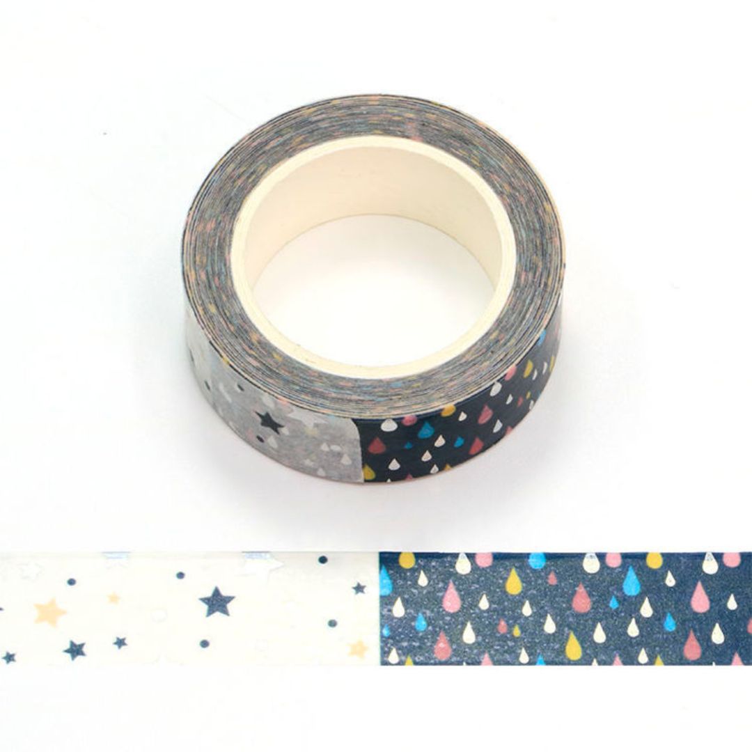 Decorative washi tape with  raindrops and rainbows.