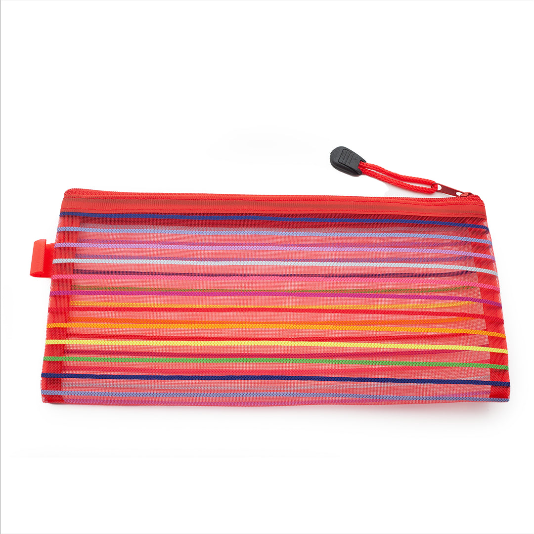 Image shows a red striped pencil bag