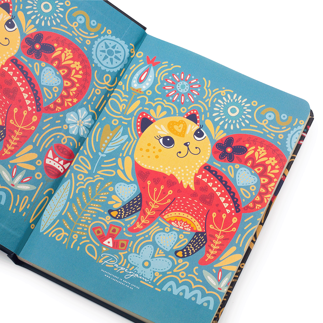 Image shows the endpapers of the Retro Folk Art Cat journal