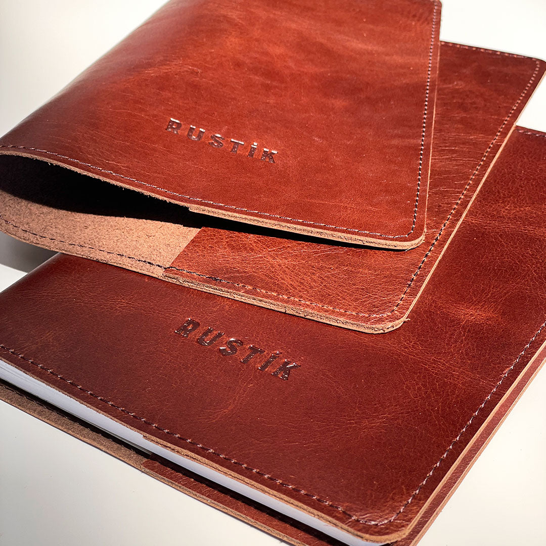 Image shows a Rustik brown leather slip on cover