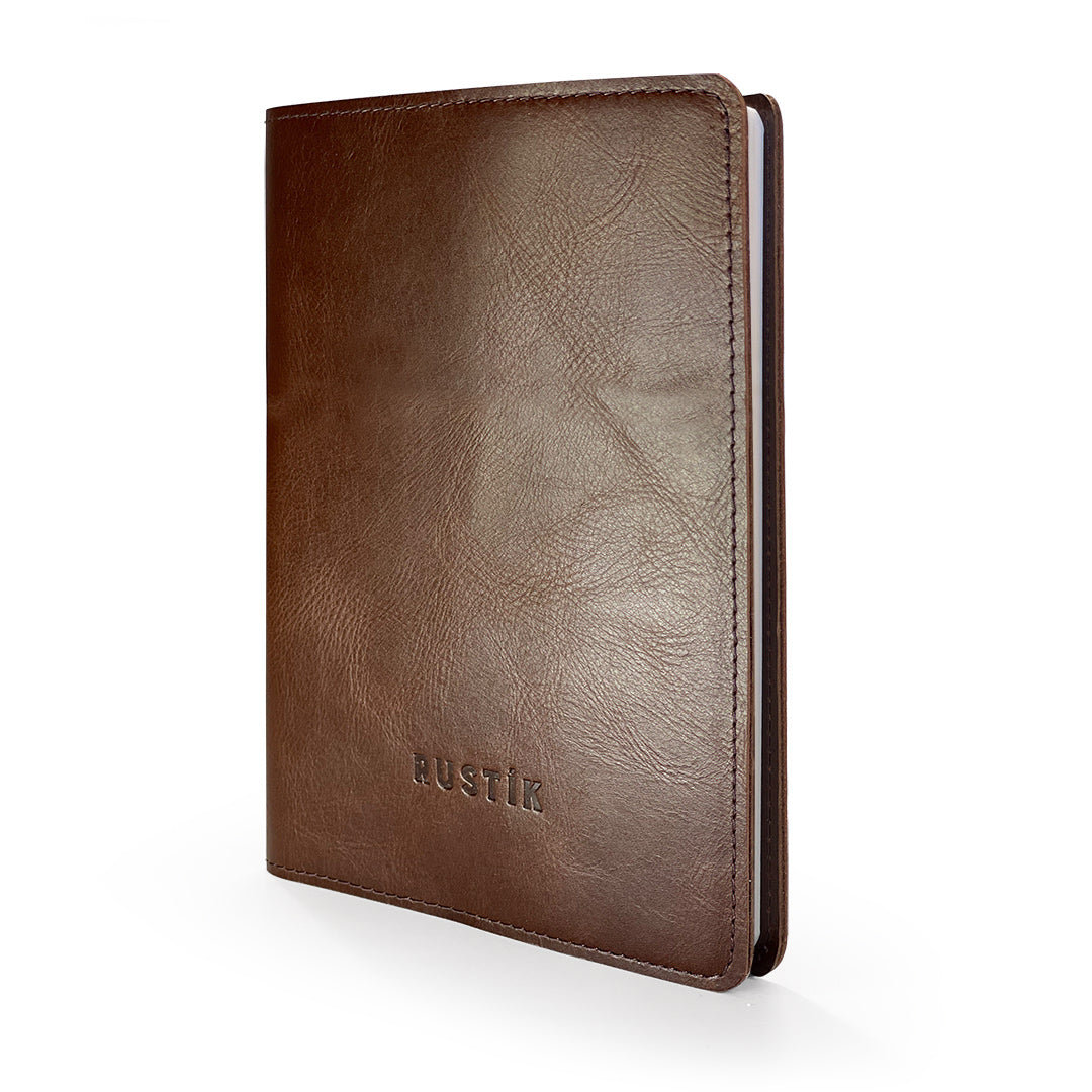 Image shows a Rustik Brown leather slip on journal