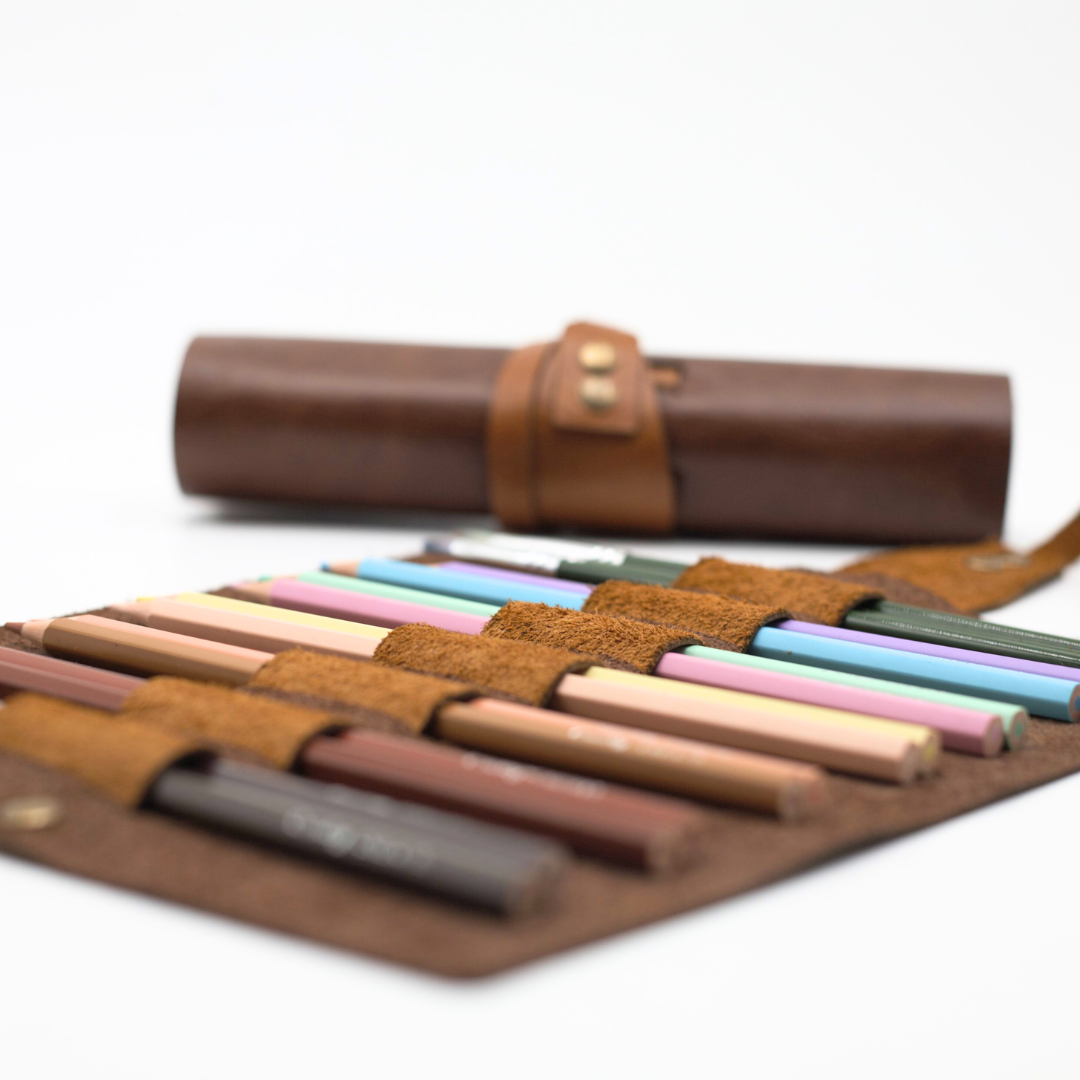 Genuine Leather Roll Up Pencil Pouch with Colour Pencils