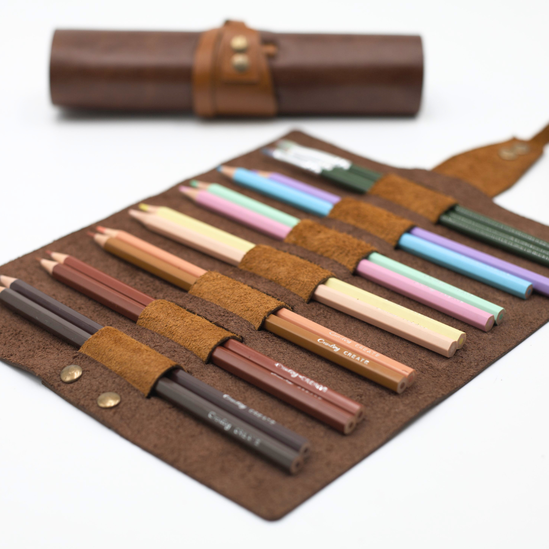 Genuine Leather Roll Up Pencil Pouch with Colour Pencils