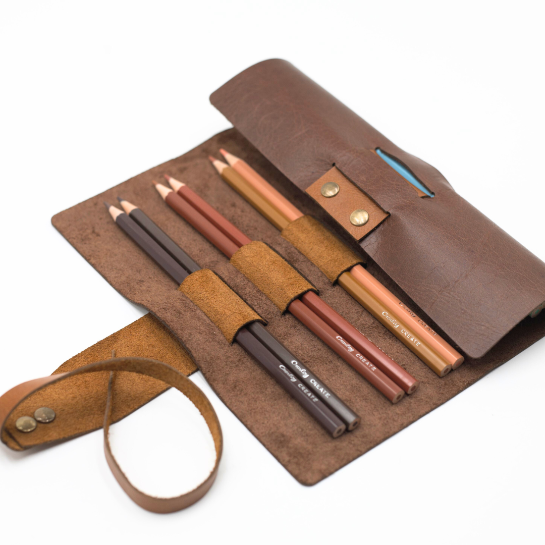 Genuine Leather Roll Up Pencil Pouch with Colour Pencils