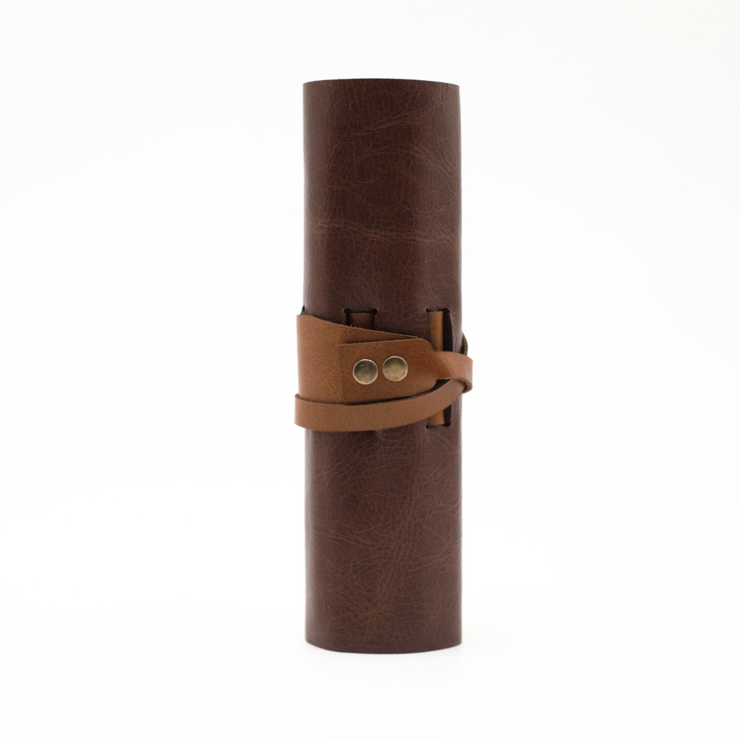 Genuine Leather Roll Up Pencil Pouch with Colour Pencils